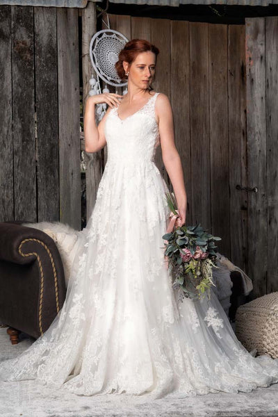 A Line Lace V Neckline with Keyhole Low Back Wedding Dresses