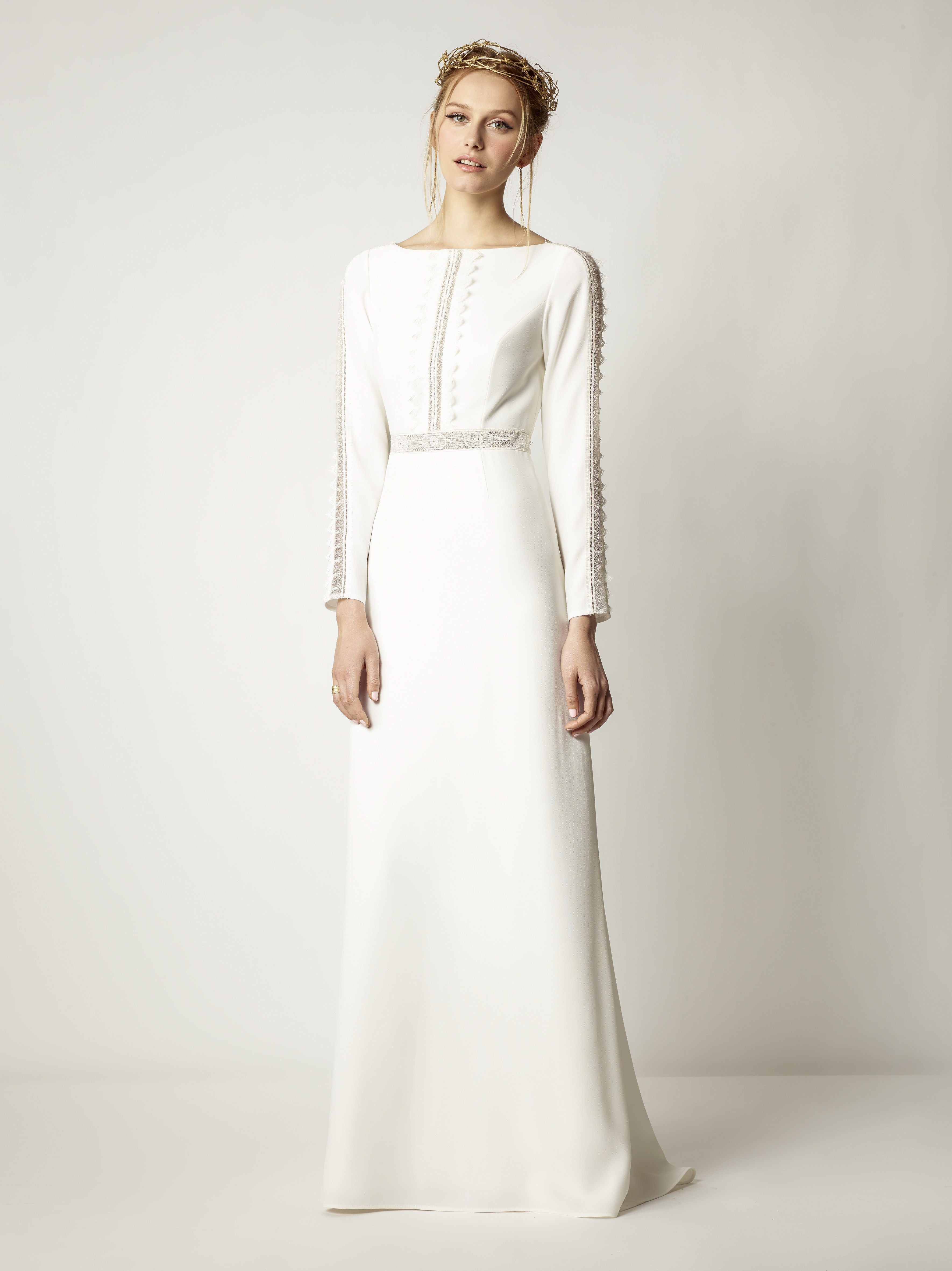 Rembo Styling High Off the Shoulder Crepe Wedding Dress Low Back -  #Suzanne