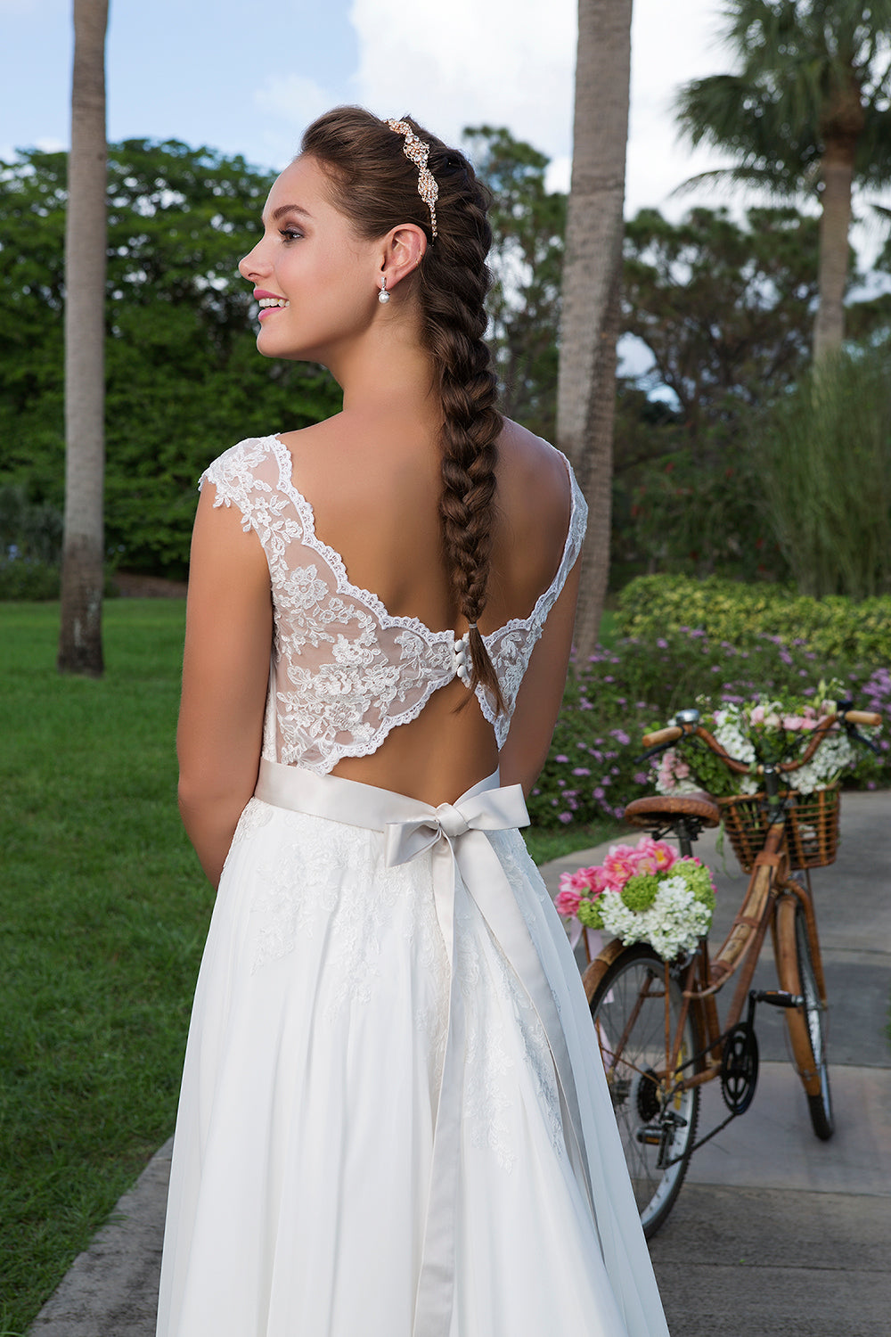 *NEW* Butterfly Lace Back with Shoulder Point Lace Illusion Neckline, Gathered Chiffon A-Line Bridal Gown - #6116